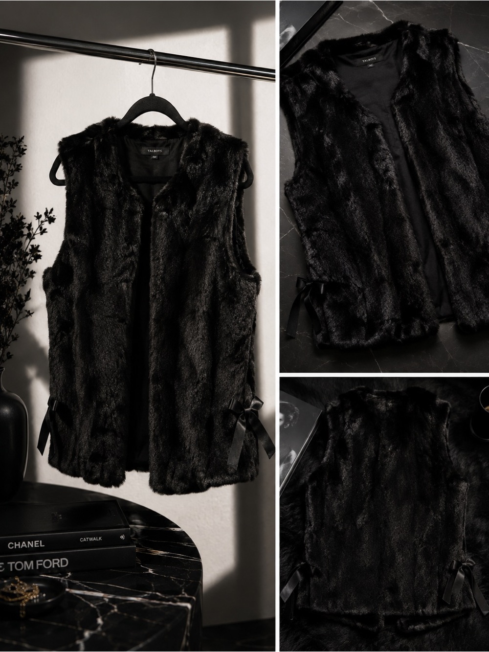 Talbots Black Faux Fur Vest with Side Ribbon Ties